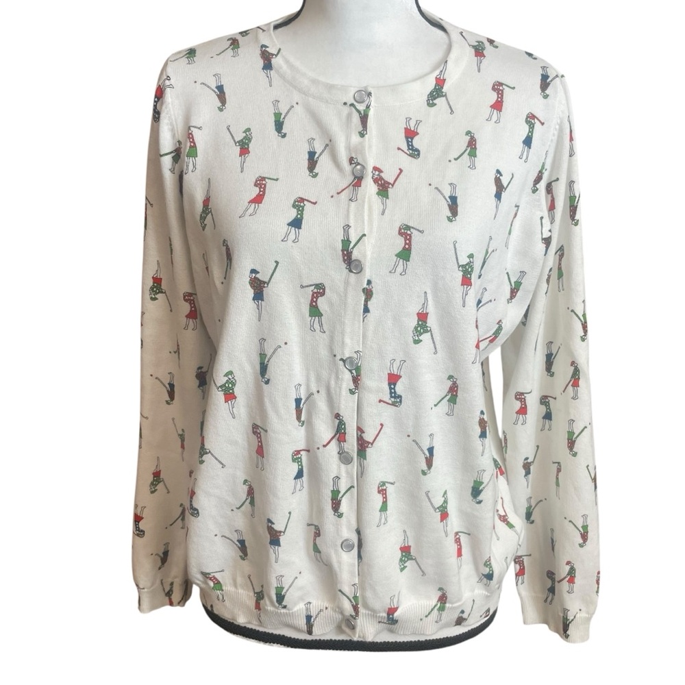 Liz Sport Liz Claiborne golf novelty print front snap cardigan sweater large